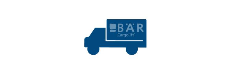 Modrý piktogram zobrazuje užitkové vozidlo z boku s logem Bar Cargolift.