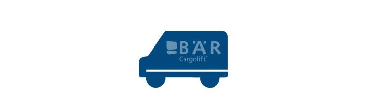 Modrý piktogram zobrazuje dodávku z boku s logem Bar Cargolift