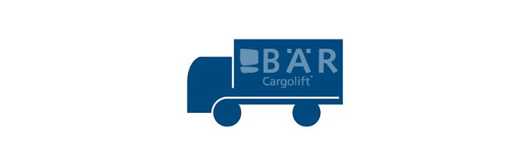 Modrý piktogram zobrazuje dvounápravový nákladní automobil z boku s logem Bar Cargolift.