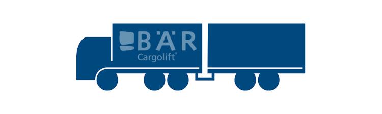 Modrý piktogram zobrazuje třínápravový nákladní automobil se spodním závěsem z boku s logem Bar Cargolift.