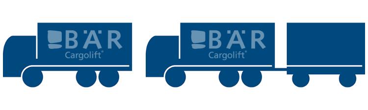 Modrý piktogram zobrazuje třínápravový nákladní automobil s přívěsem (tandem) z boku s logem Bar Cargolift.