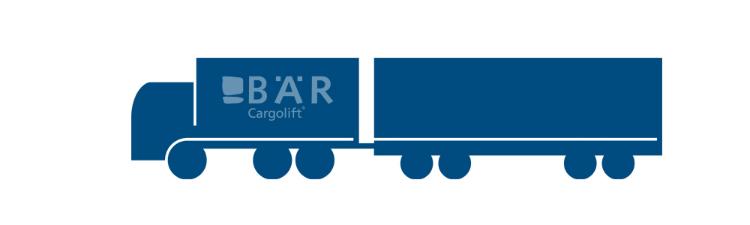 Modrý piktogram zobrazuje třínápravový nákladní automobil se čtyřnápravovým přívěsem z boku s logem Bar Cargolift.