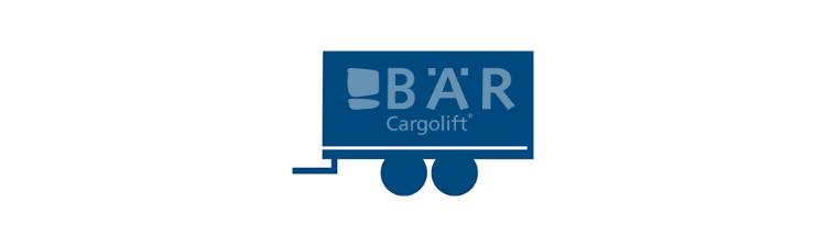 Modrý piktogram zobrazuje přívěs se středovou nápravou z boku s logem Bar Cargolift.