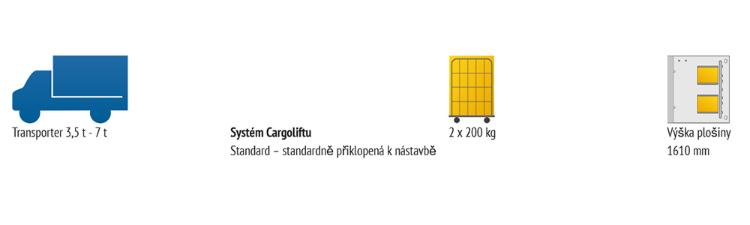 Příklad 1 hledá hydraulickou zdvihací plošinu BAR s výškou plošiny 1610 mm pro přepravu 2 valníkových kontejnerů v užitkovém vozidle.
